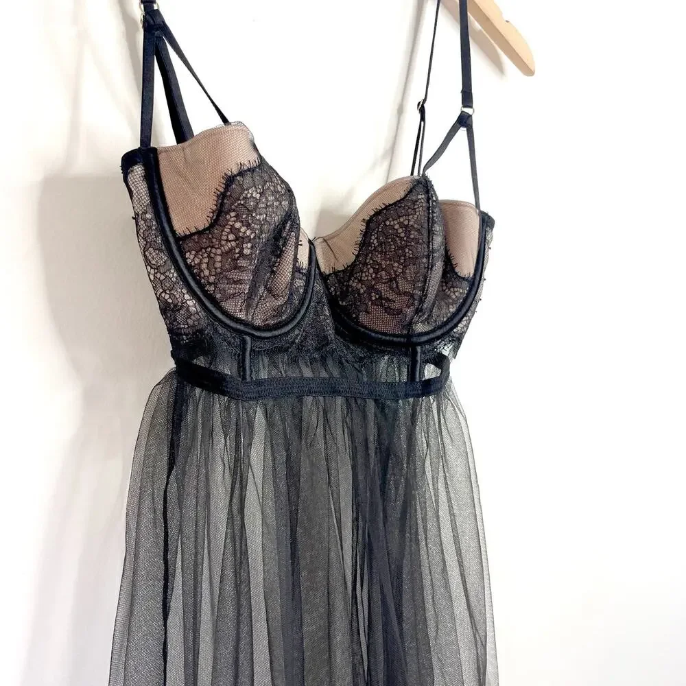 Victorias Secret Y2K Lace Babydoll Slip Dress 34C Sheer Mesh Bustier Top Vampy